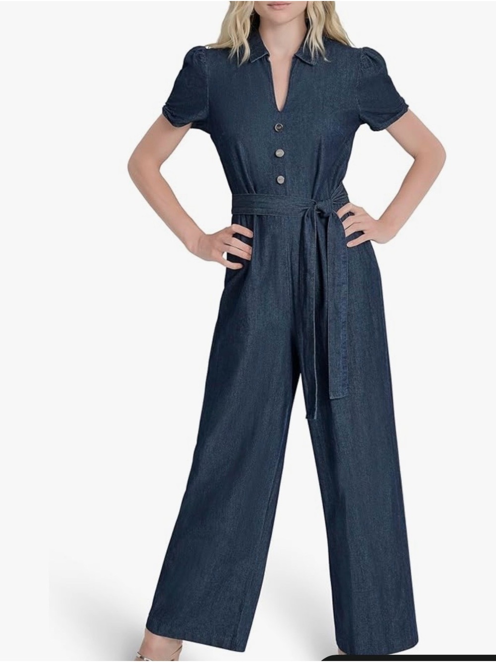 DKNY Navy Denim Wide-Leg Jumpsuit with Tie Waist, Ruched Sleeves